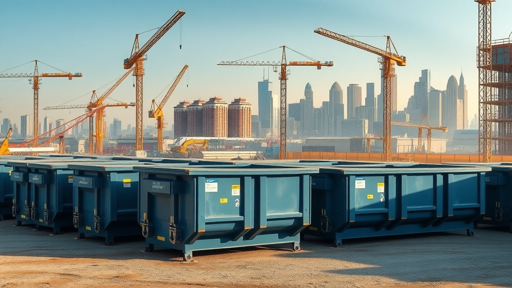 various custom garbage roll-off containers on an urban construction site