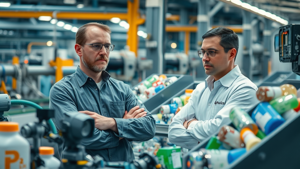 Advanced recycling facility with Corsair Recycling Solution for EPR, showing engineers overseeing chemical recycling machinery