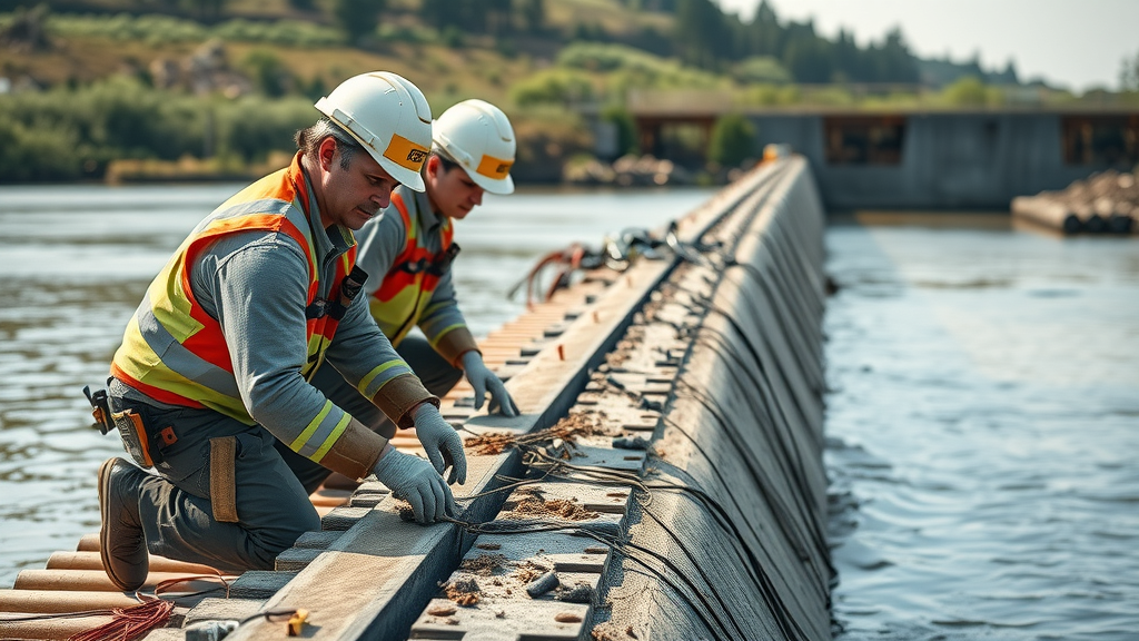 technicians maintaining interceptor barrier, inspecting and clearing plastic debris from a robust river system; keywords: interceptor barrier, interceptor tender, maintenance, river cleanup