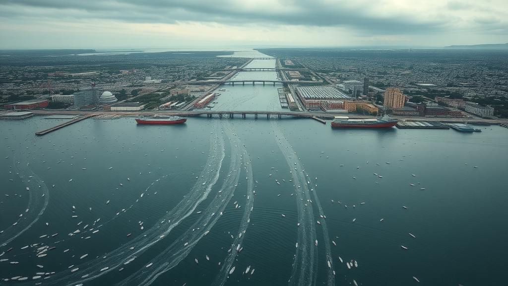 distressing panoramic view of a polluted river mouth with floating plastic debris, urban and industrial backdrop, intercepted by a barrier; keywords: interceptor barrier, ocean plastic, plastic pollution, ocean clean
