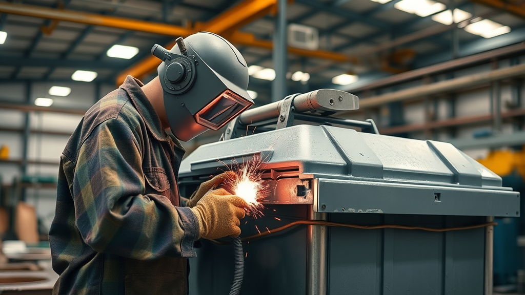 Metalworker reinforcing garbage roll-off, custom garbage container construction process.