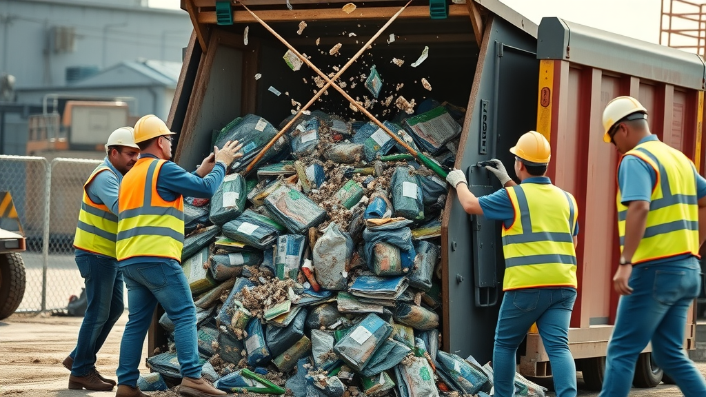 construction workers using a garbage roll-off container for cleanup
