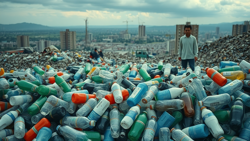 Plastic waste crisis in city outskirts showing overflowing landfills and plastic bottles, highlighting the need for Corsair Recycling Solution for EPR