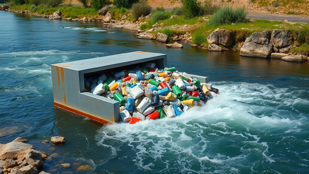 innovative interceptor barrier system structure for ocean cleanup, actively filtering plastic waste in a flowing river; keywords: interceptor barrier, ocean plastic pollution, river cleanup, ocean clean