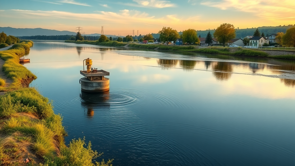 inspiring view of a clean river outlet with interceptor barrier, vibrant community, minimal plastic debris; keywords: interceptor barrier, ocean clean, river cleanup, plastic pollution