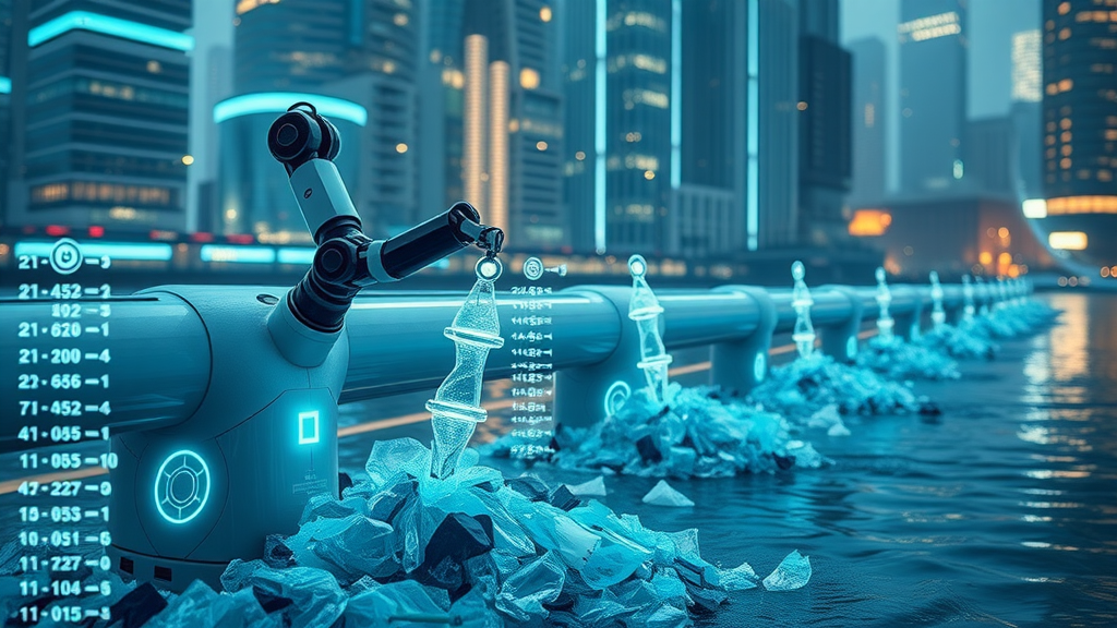 futuristic interceptor barrier with AI technology for ocean plastic, modern city, digital interface and plastic debris capture; keywords: AI interceptor solution, ocean clean, plastic pollution, future trends