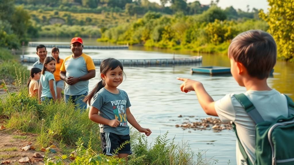 hopeful photo of children and community by clean river, interceptor barrier in distance, vibrant vegetation; keywords: ocean clean, interceptor barrier, river cleanup, plastic pollution