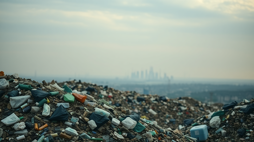 Landfill landscape with plastic packaging waste, conveying urgency for extended producer responsibility (EPR)