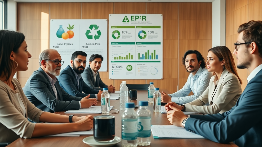 Diverse business leaders discussing EPR compliance and sustainability through Corsair Recycling Solution for EPR