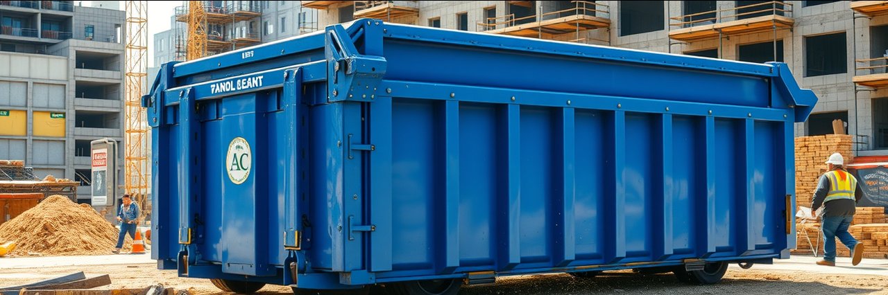Blue garbage roll-off container at construction site, ideal for waste removal.