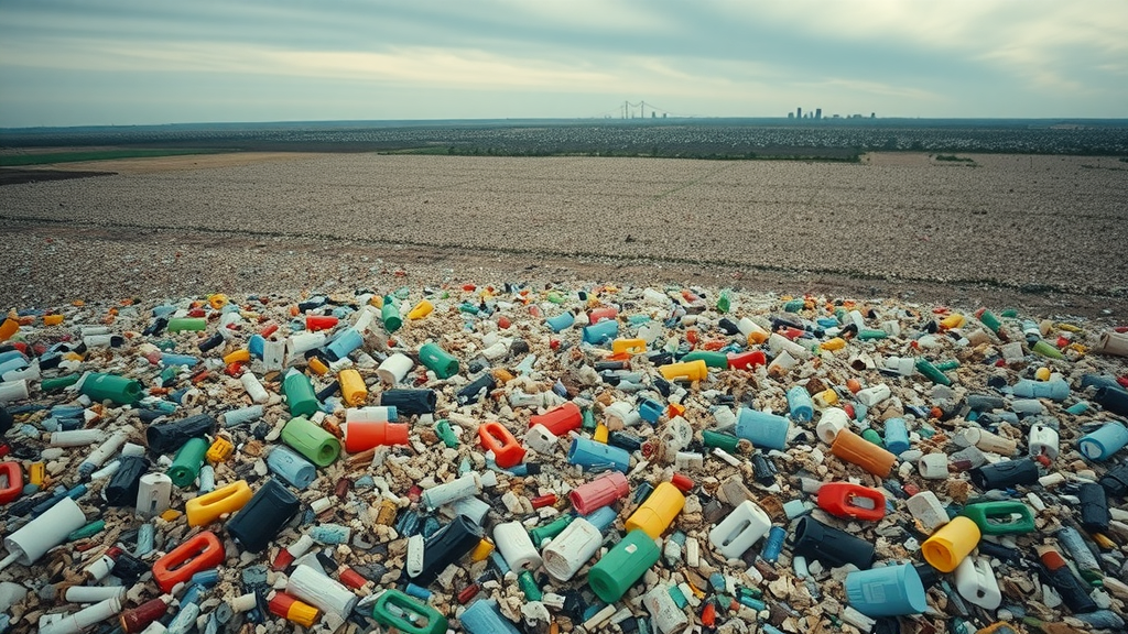 stark modern landfill overflowing with brightly colored mixed plastics and plastic waste, recycling lies at landfill
