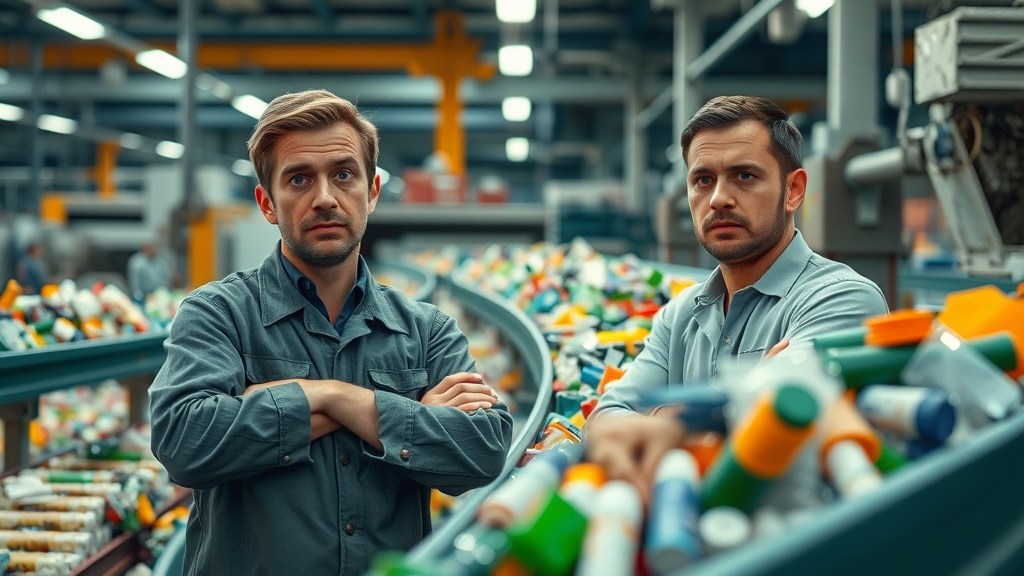 industrial recycling facility interior, recycling lies as workers struggle to sort plastic waste, confused workers and mixed plastics, plastic recycling