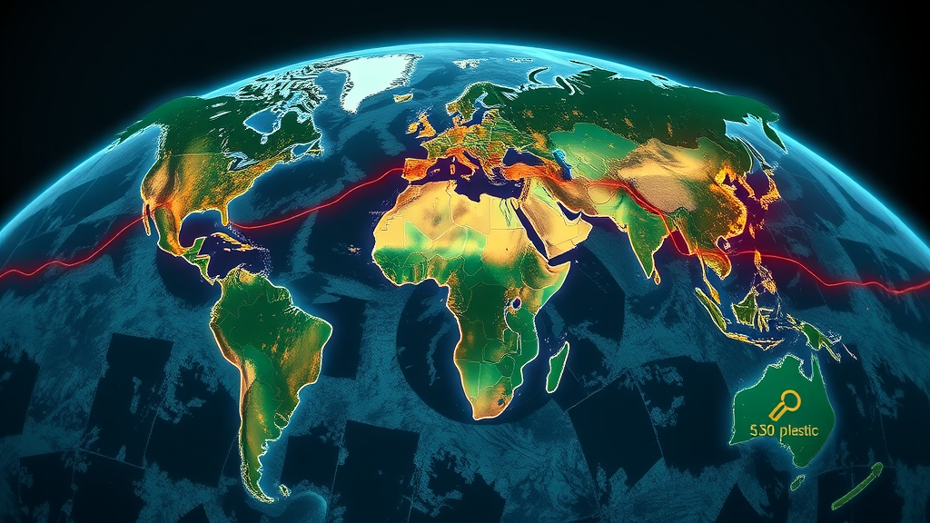 dramatic global map with rising plastic production, recycling lies, plastic crisis infographic, world data, environmental impact